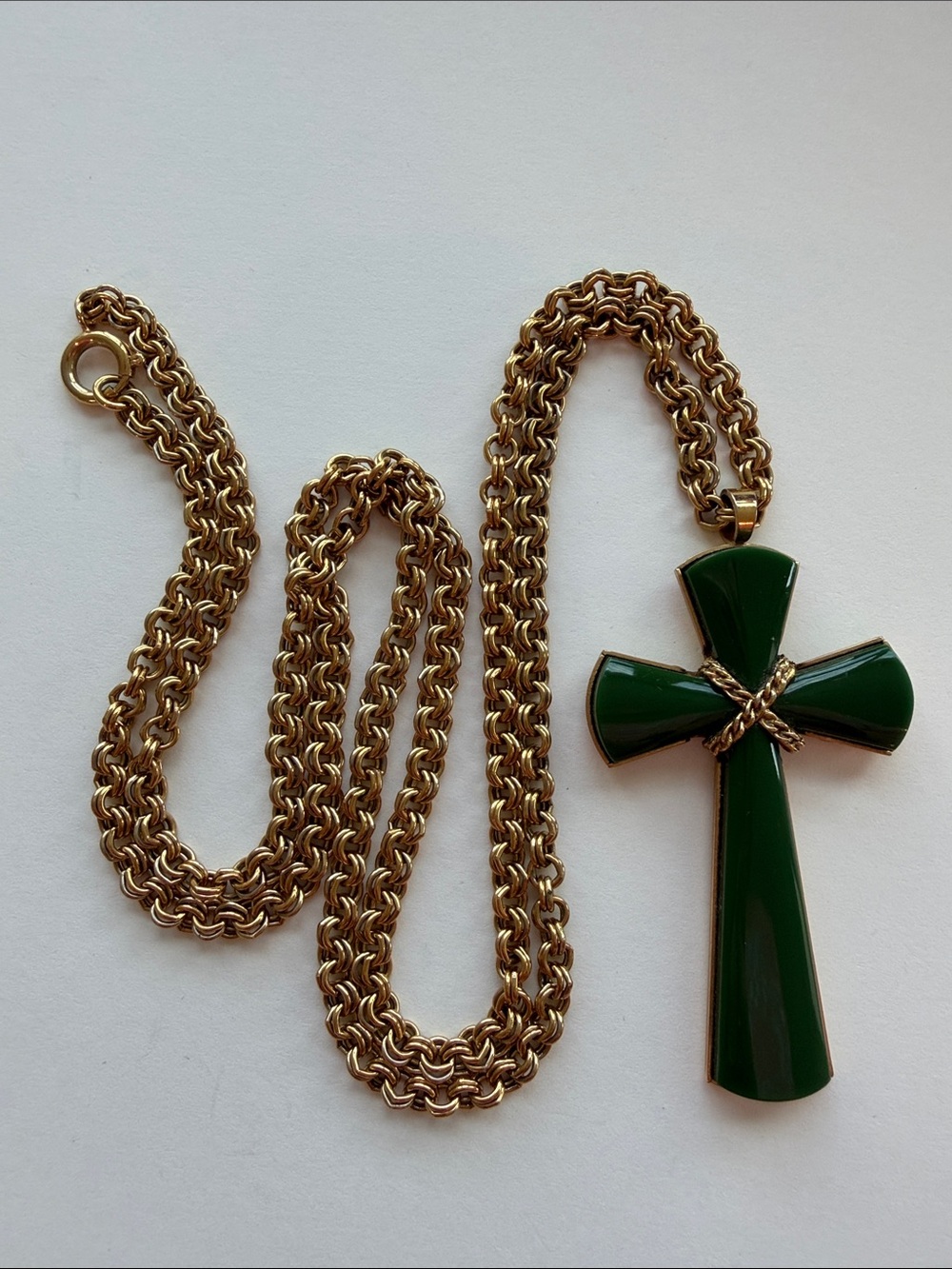 Gold Chain Necklace with Dark Green Cross Pendant